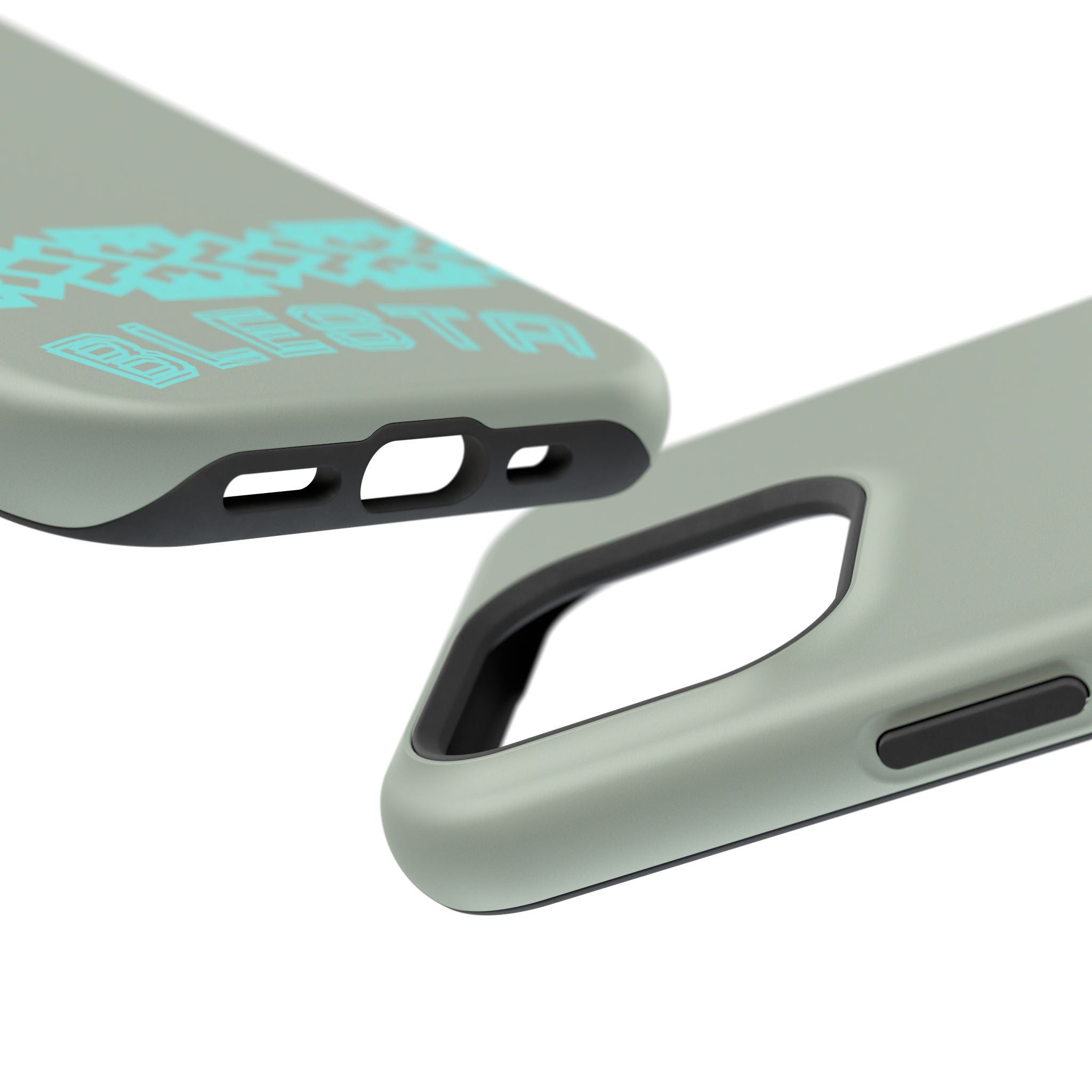 Magnetic Impact-Resistant Phone Case — Sage Green with Teal Geometric Stripe & “BLESTA” Text
