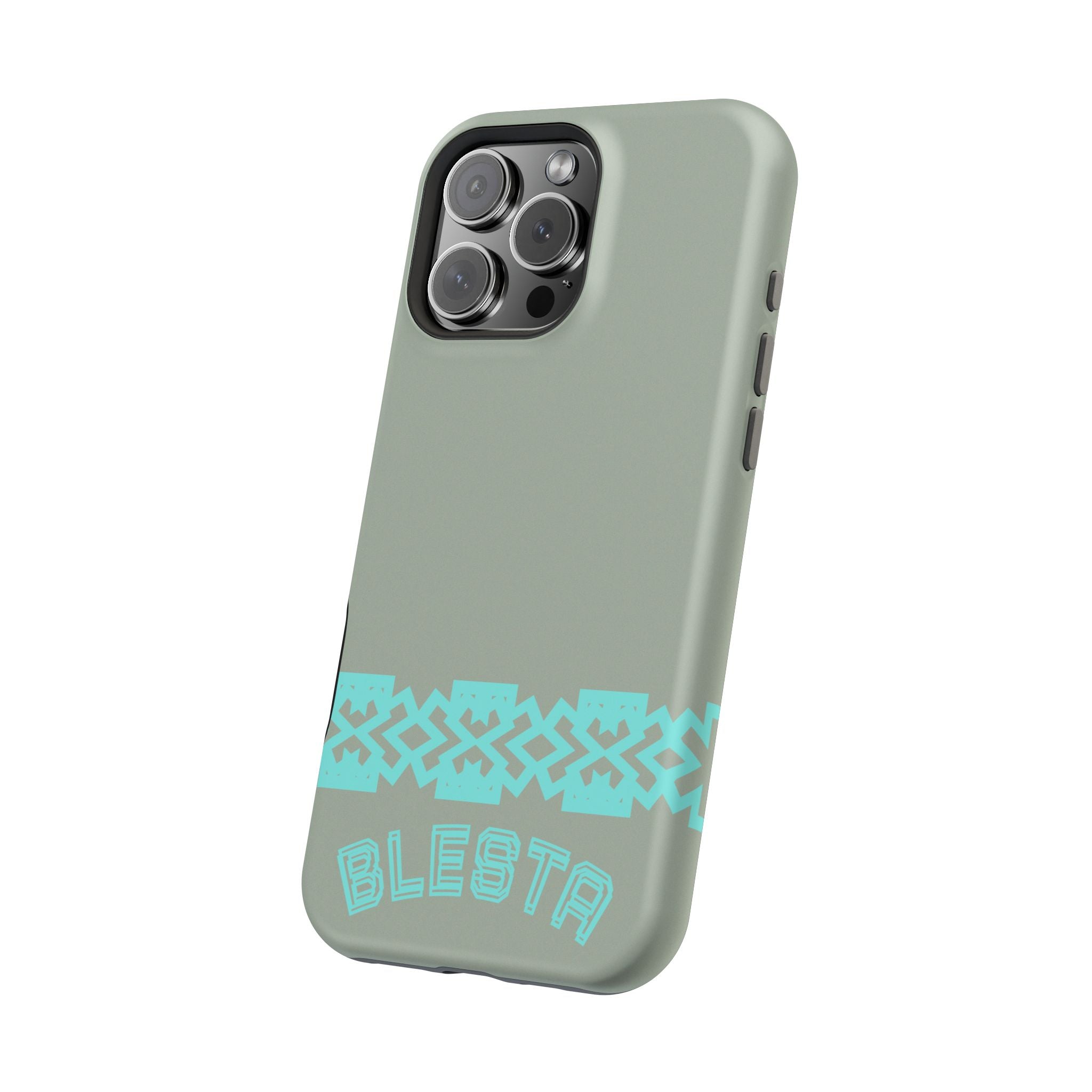 Magnetic Impact-Resistant Phone Case — Sage Green with Teal Geometric Stripe & “BLESTA” Text