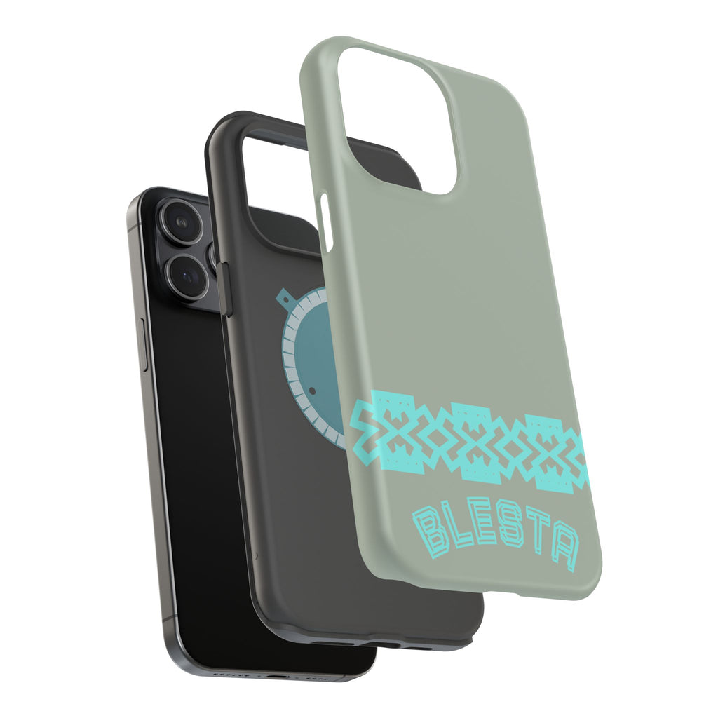 Magnetic Impact-Resistant Phone Case — Sage Green with Teal Geometric Stripe & “BLESTA” Text