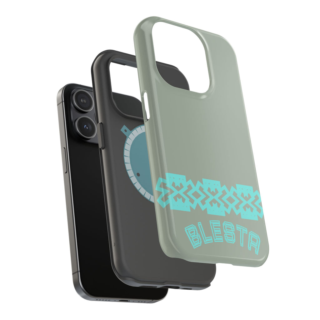 Magnetic Impact-Resistant Phone Case — Sage Green with Teal Geometric Stripe & “BLESTA” Text