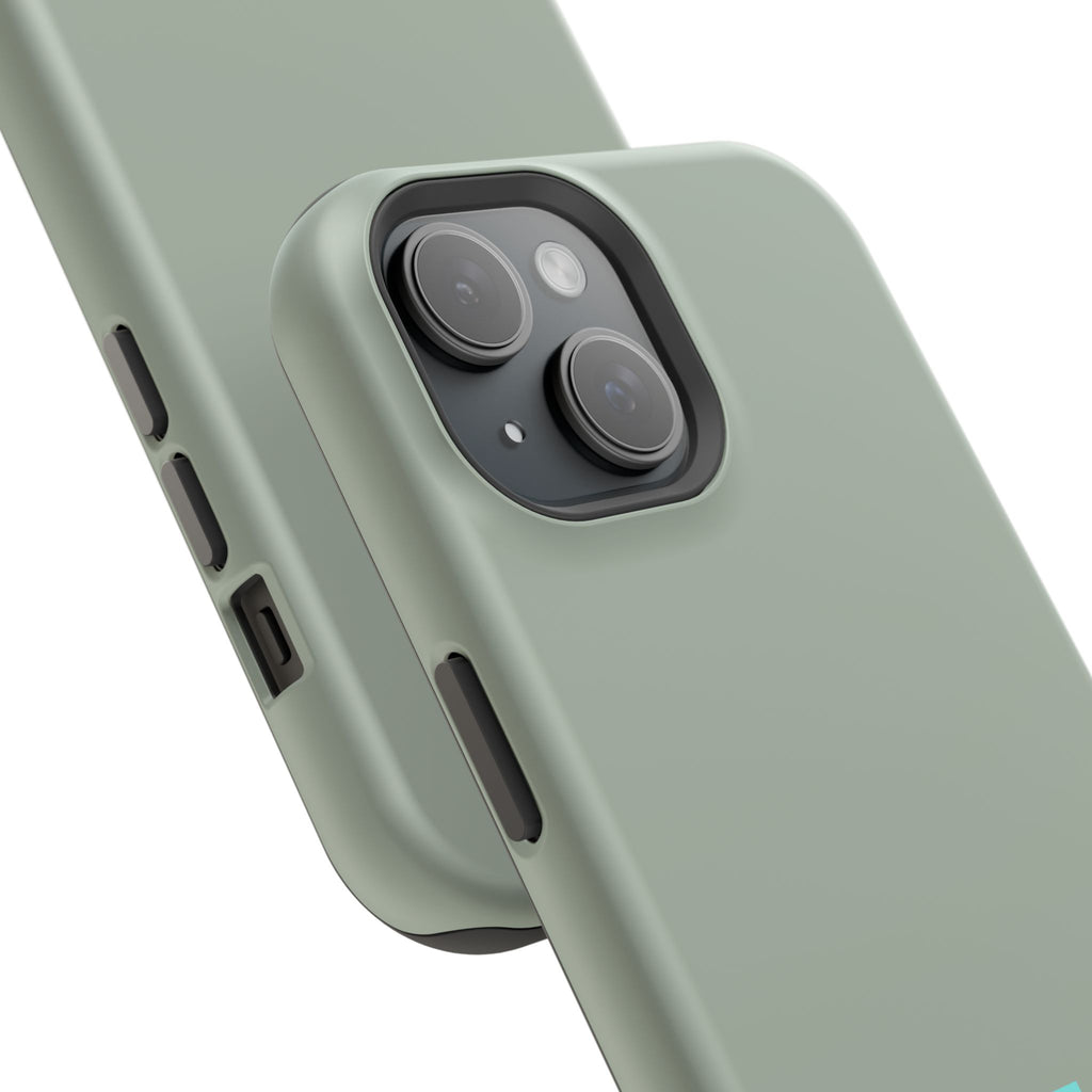 Magnetic Impact-Resistant Phone Case — Sage Green with Teal Geometric Stripe & “BLESTA” Text