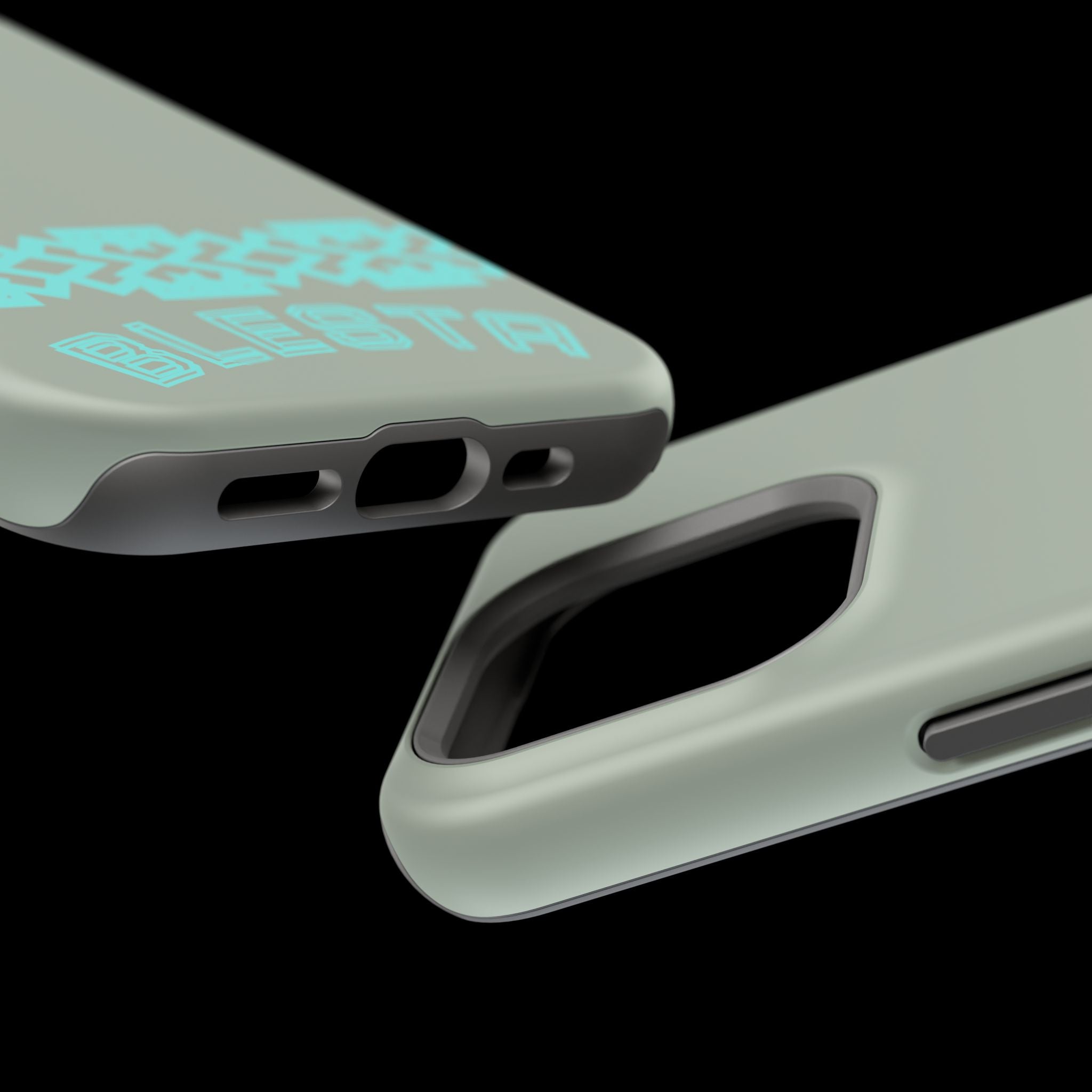 Magnetic Impact-Resistant Phone Case — Sage Green with Teal Geometric Stripe & “BLESTA” Text