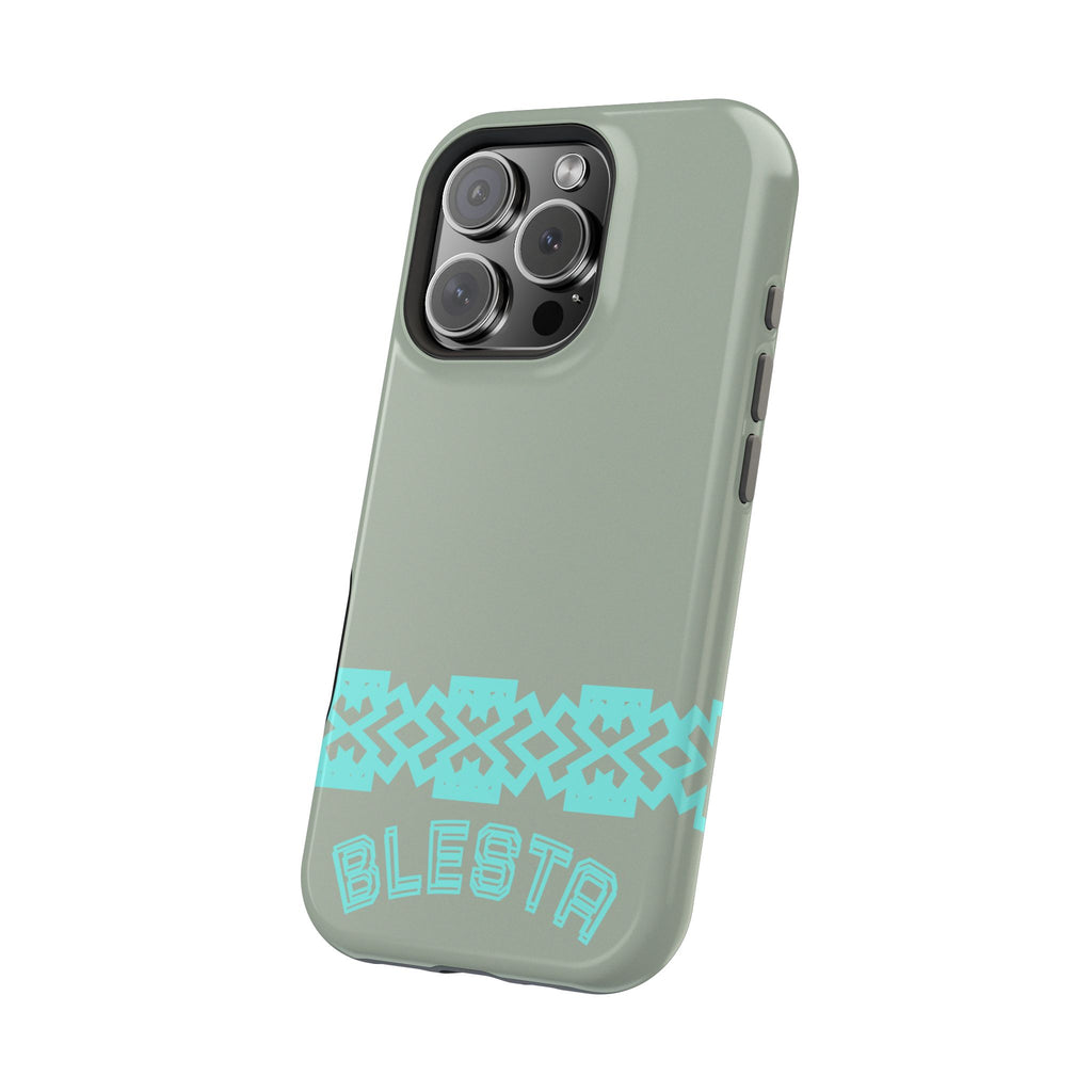 Magnetic Impact-Resistant Phone Case — Sage Green with Teal Geometric Stripe & “BLESTA” Text