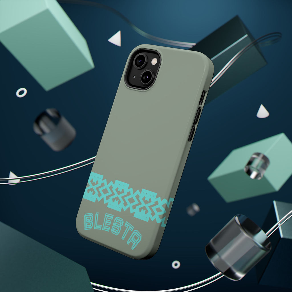Magnetic Impact-Resistant Phone Case — Sage Green with Teal Geometric Stripe & “BLESTA” Text