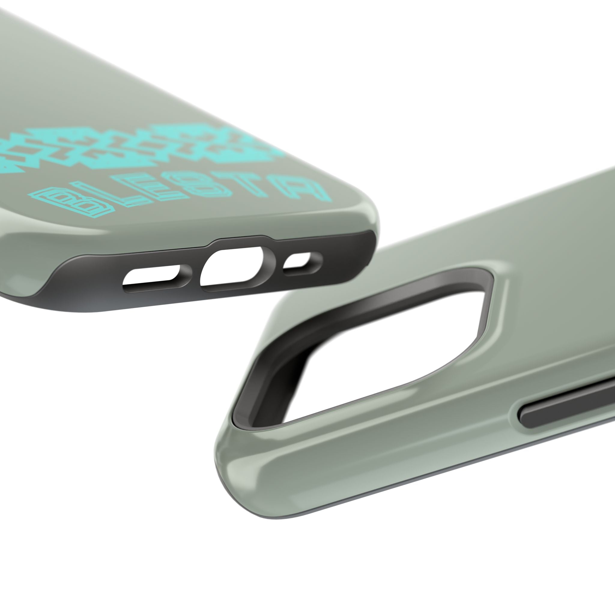 Magnetic Impact-Resistant Phone Case — Sage Green with Teal Geometric Stripe & “BLESTA” Text