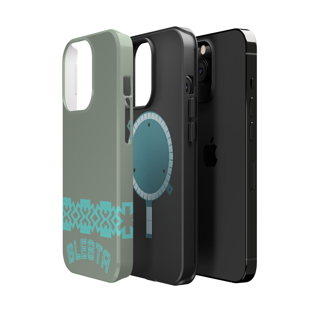 Magnetic Impact-Resistant Phone Case — Sage Green with Teal Geometric Stripe & “BLESTA” Text
