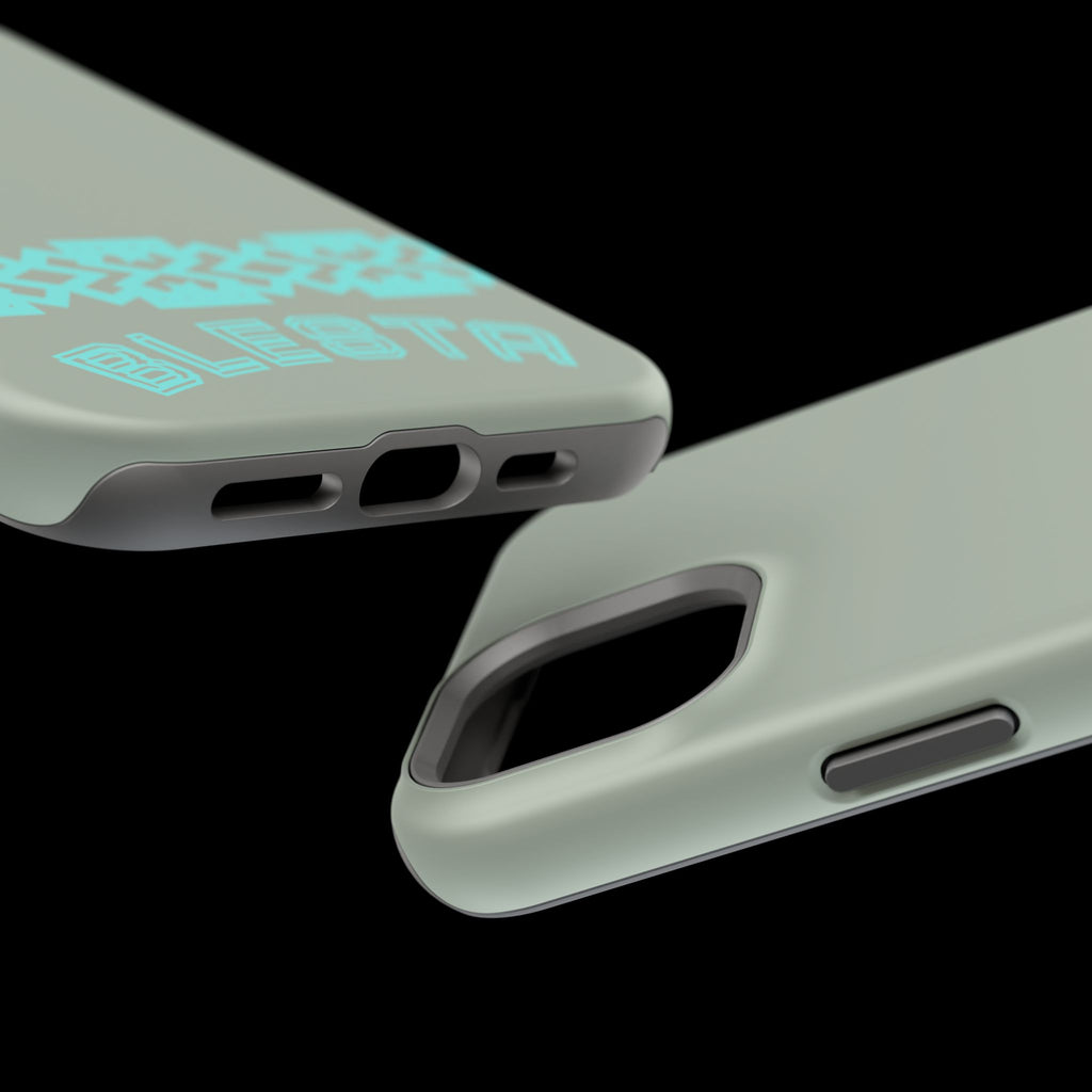 Magnetic Impact-Resistant Phone Case — Sage Green with Teal Geometric Stripe & “BLESTA” Text