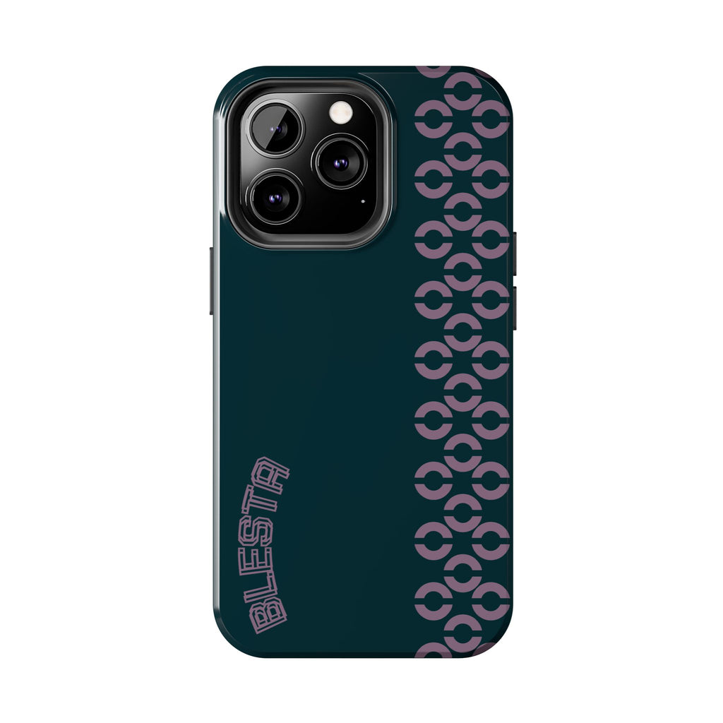 Tough Phone Case — Sleek Dark Teal with Geometric Stripe & “BLESTA” Accent