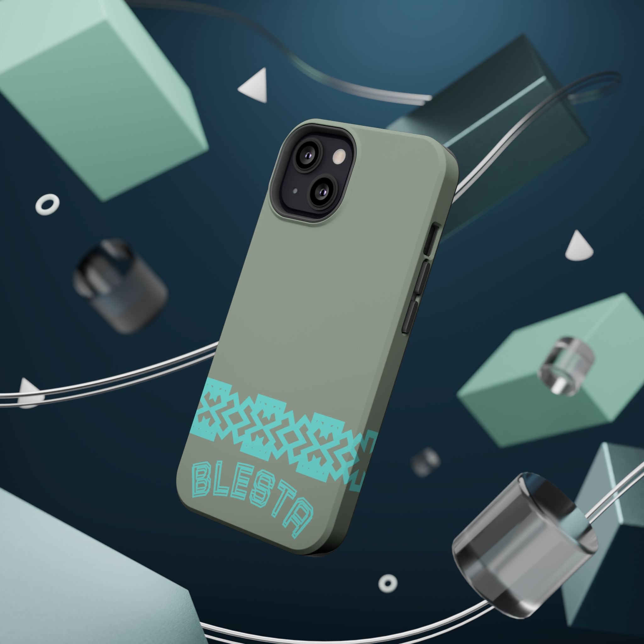 Magnetic Impact-Resistant Phone Case — Sage Green with Teal Geometric Stripe & “BLESTA” Text