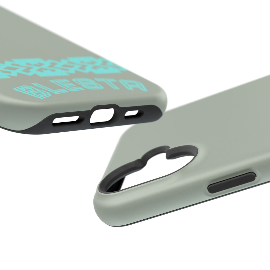 Magnetic Impact-Resistant Phone Case — Sage Green with Teal Geometric Stripe & “BLESTA” Text