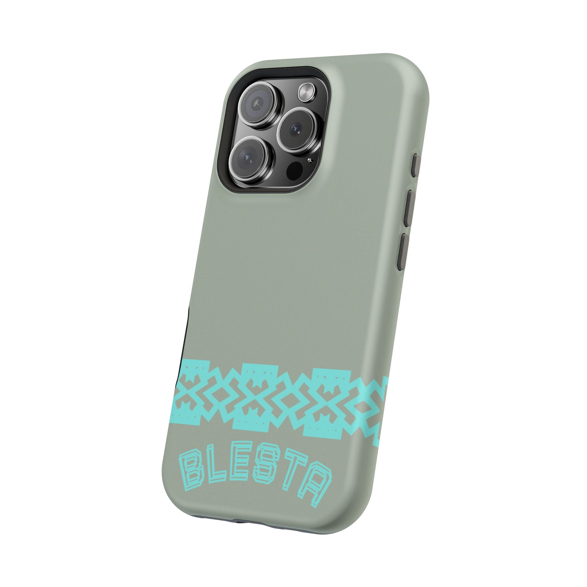 Magnetic Impact-Resistant Phone Case — Sage Green with Teal Geometric Stripe & “BLESTA” Text