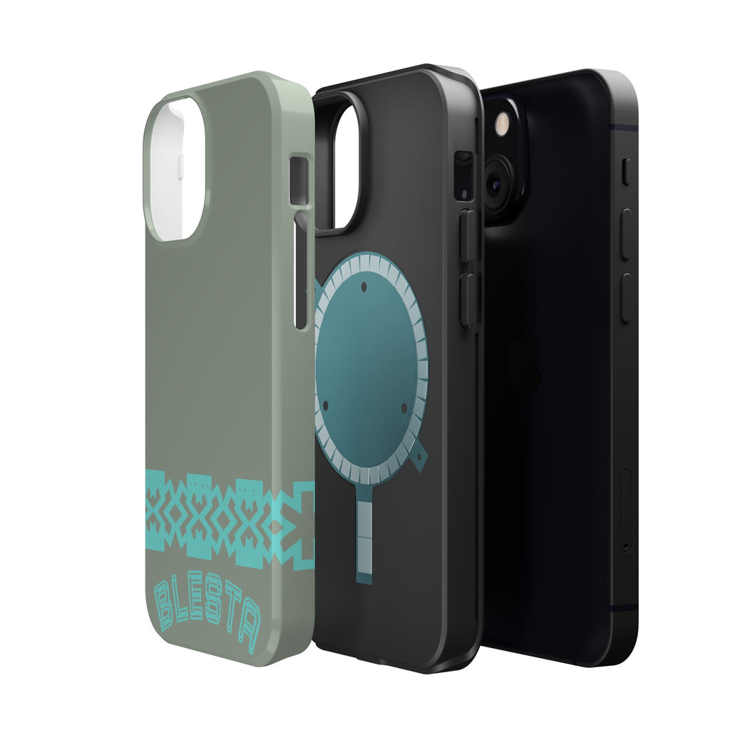 Magnetic Impact-Resistant Phone Case — Sage Green with Teal Geometric Stripe & “BLESTA” Text