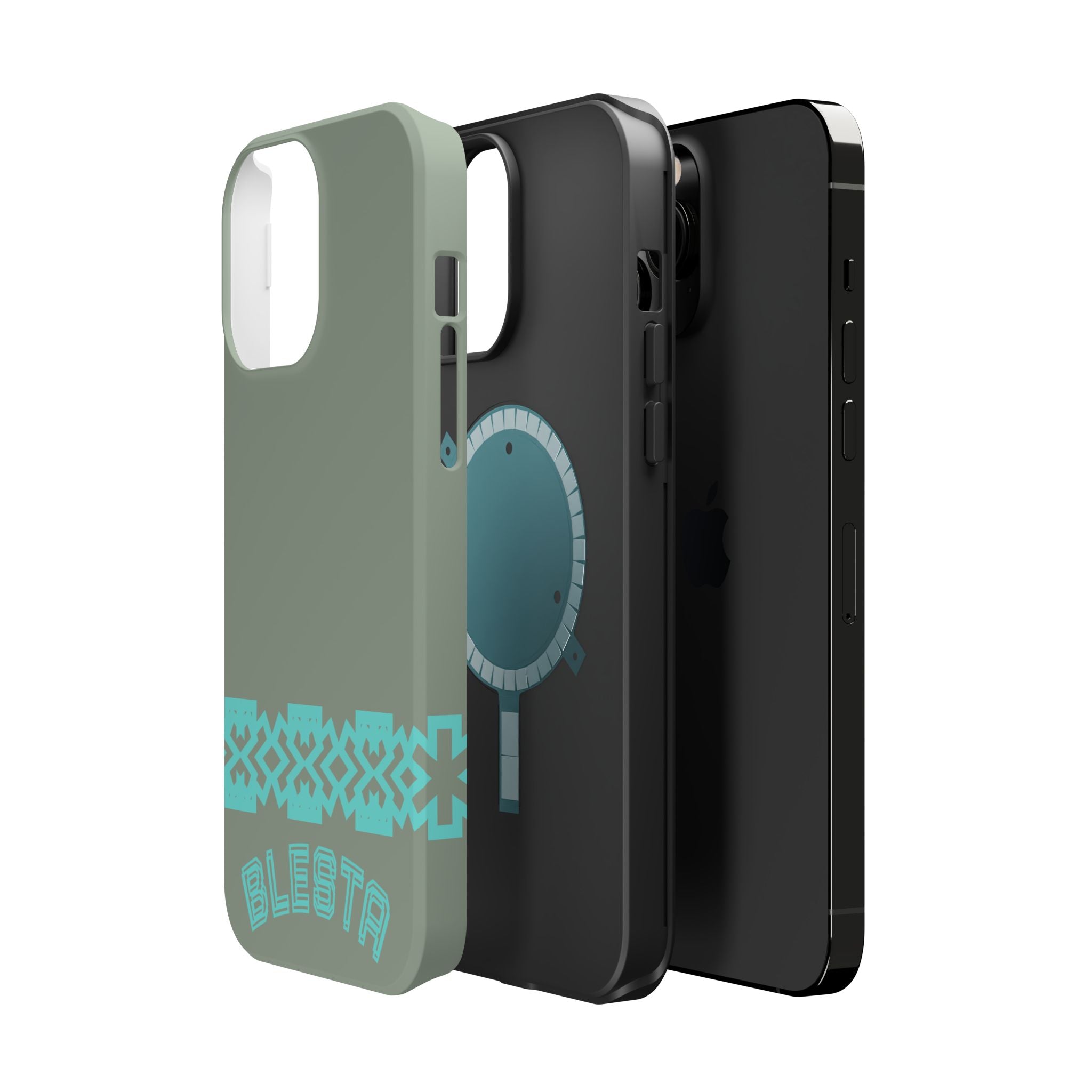 Magnetic Impact-Resistant Phone Case — Sage Green with Teal Geometric Stripe & “BLESTA” Text