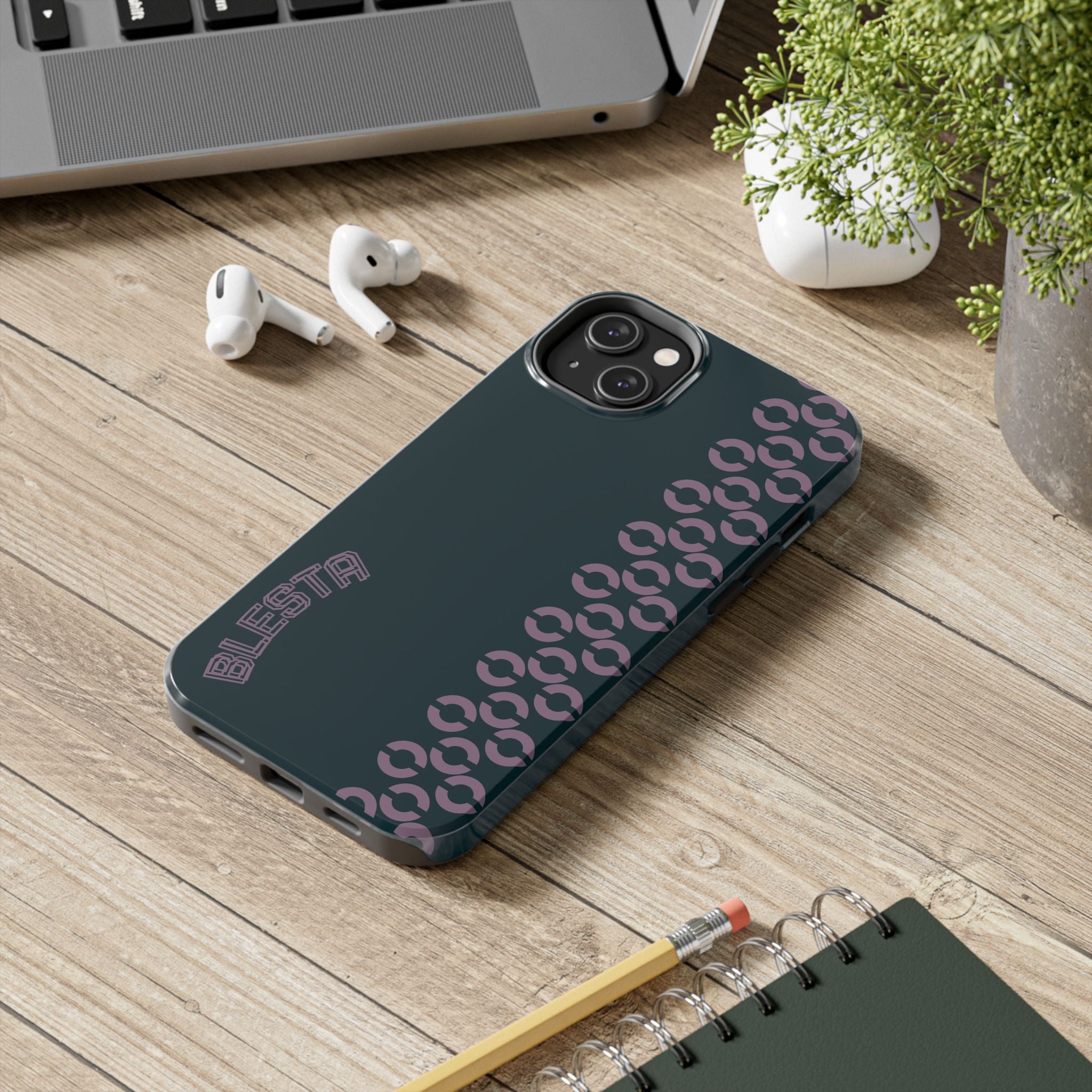 Tough Phone Case — Sleek Dark Teal with Geometric Stripe & “BLESTA” Accent