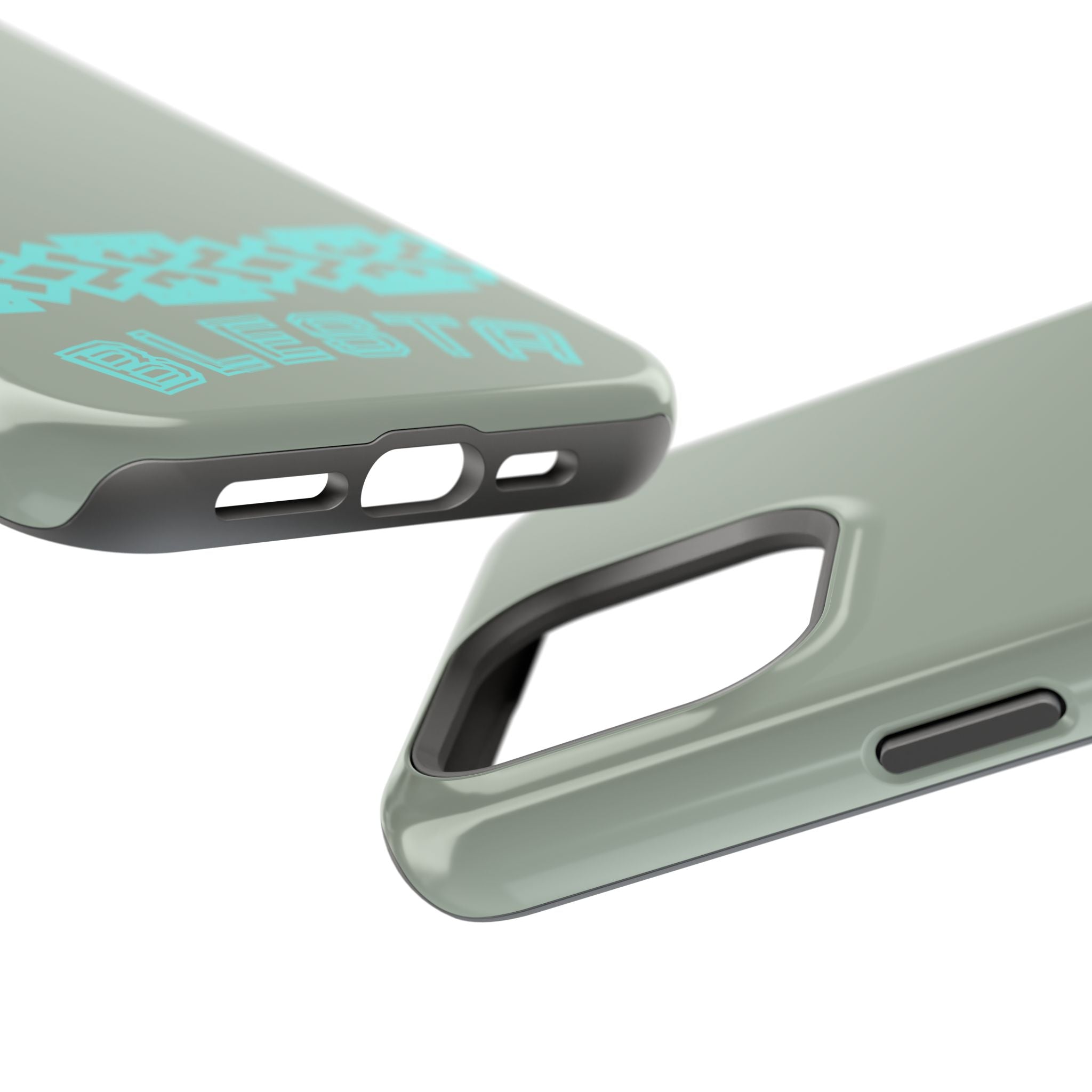 Magnetic Impact-Resistant Phone Case — Sage Green with Teal Geometric Stripe & “BLESTA” Text