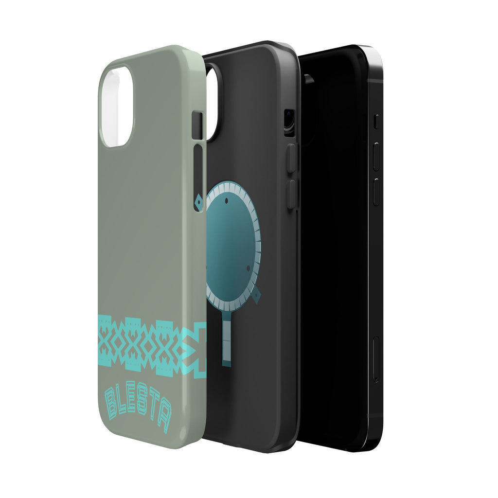 Magnetic Impact-Resistant Phone Case — Sage Green with Teal Geometric Stripe & “BLESTA” Text