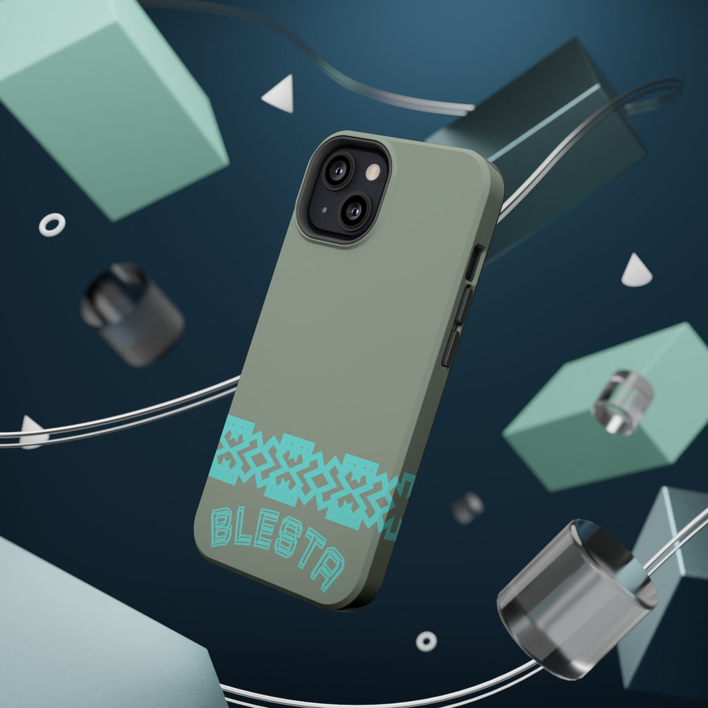 Magnetic Impact-Resistant Phone Case — Sage Green with Teal Geometric Stripe & “BLESTA” Text