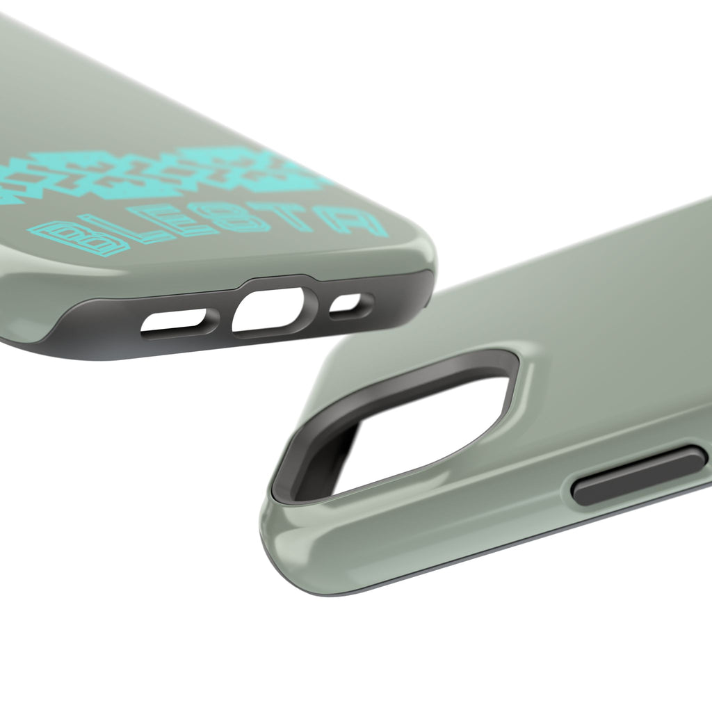 Magnetic Impact-Resistant Phone Case — Sage Green with Teal Geometric Stripe & “BLESTA” Text