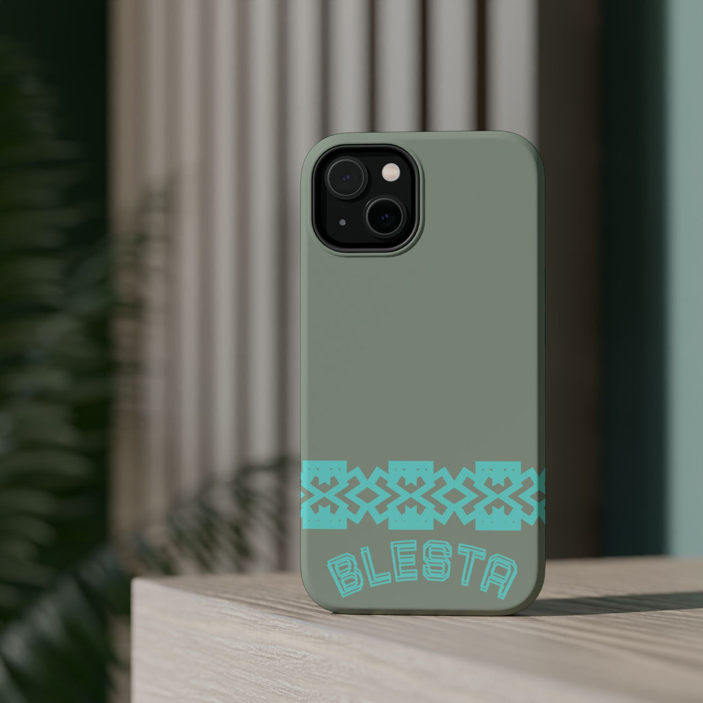 Magnetic Impact-Resistant Phone Case — Sage Green with Teal Geometric Stripe & “BLESTA” Text