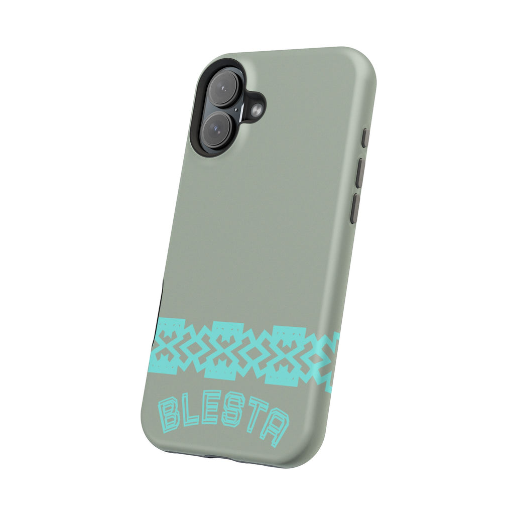 Magnetic Impact-Resistant Phone Case — Sage Green with Teal Geometric Stripe & “BLESTA” Text