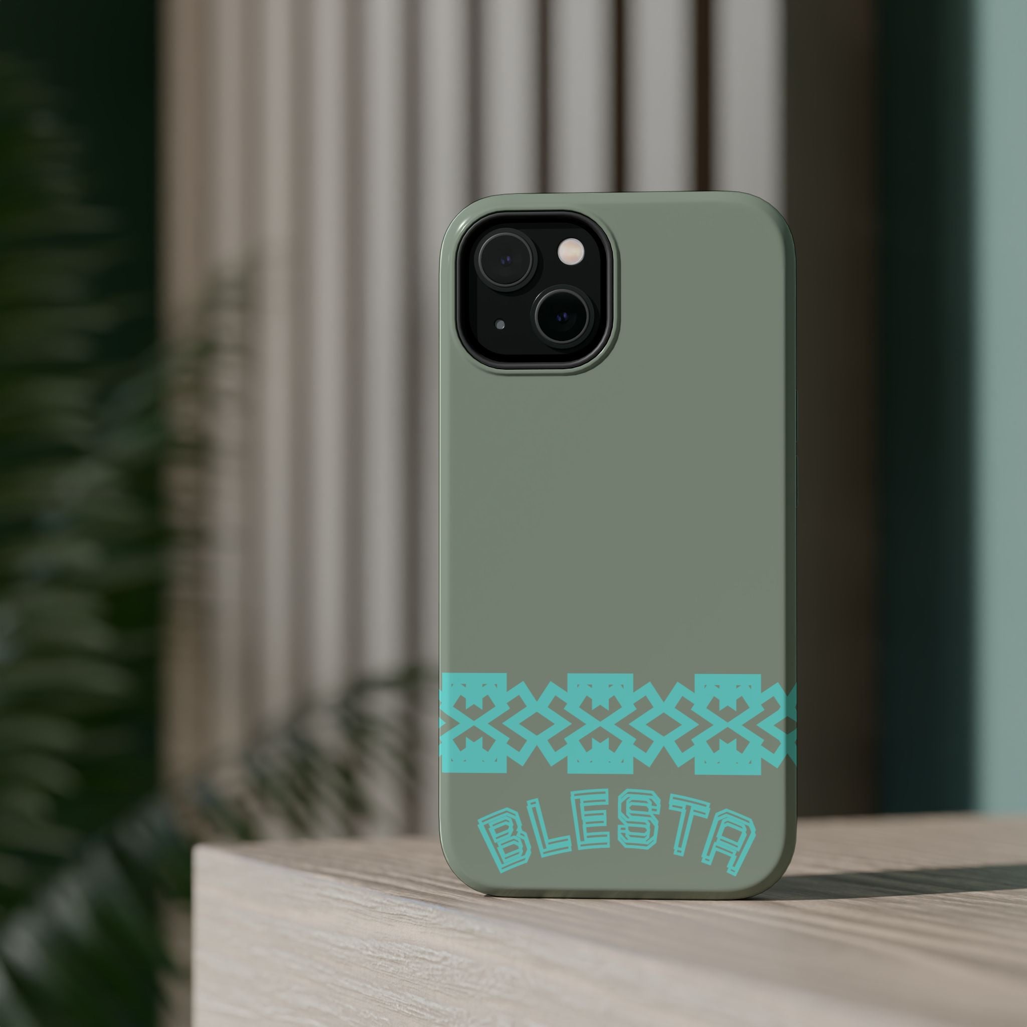 Magnetic Impact-Resistant Phone Case — Sage Green with Teal Geometric Stripe & “BLESTA” Text