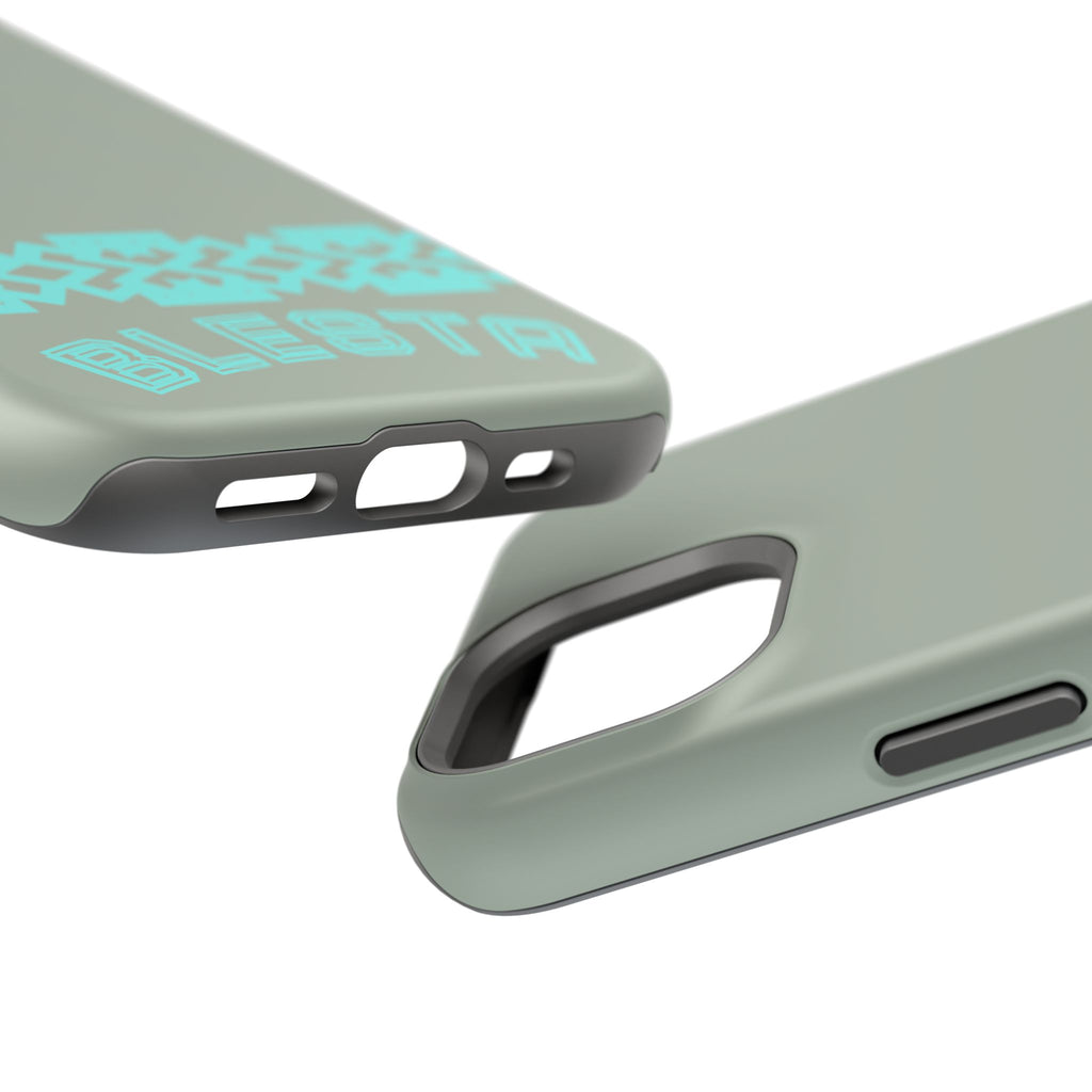 Magnetic Impact-Resistant Phone Case — Sage Green with Teal Geometric Stripe & “BLESTA” Text