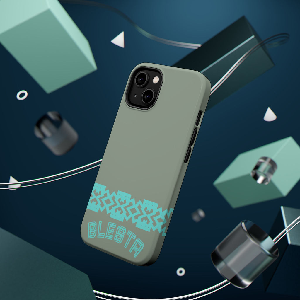 Magnetic Impact-Resistant Phone Case — Sage Green with Teal Geometric Stripe & “BLESTA” Text