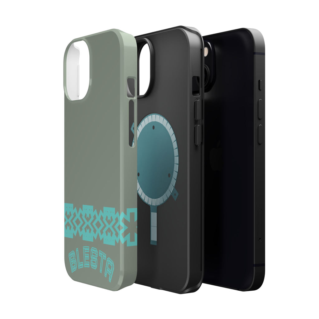Magnetic Impact-Resistant Phone Case — Sage Green with Teal Geometric Stripe & “BLESTA” Text