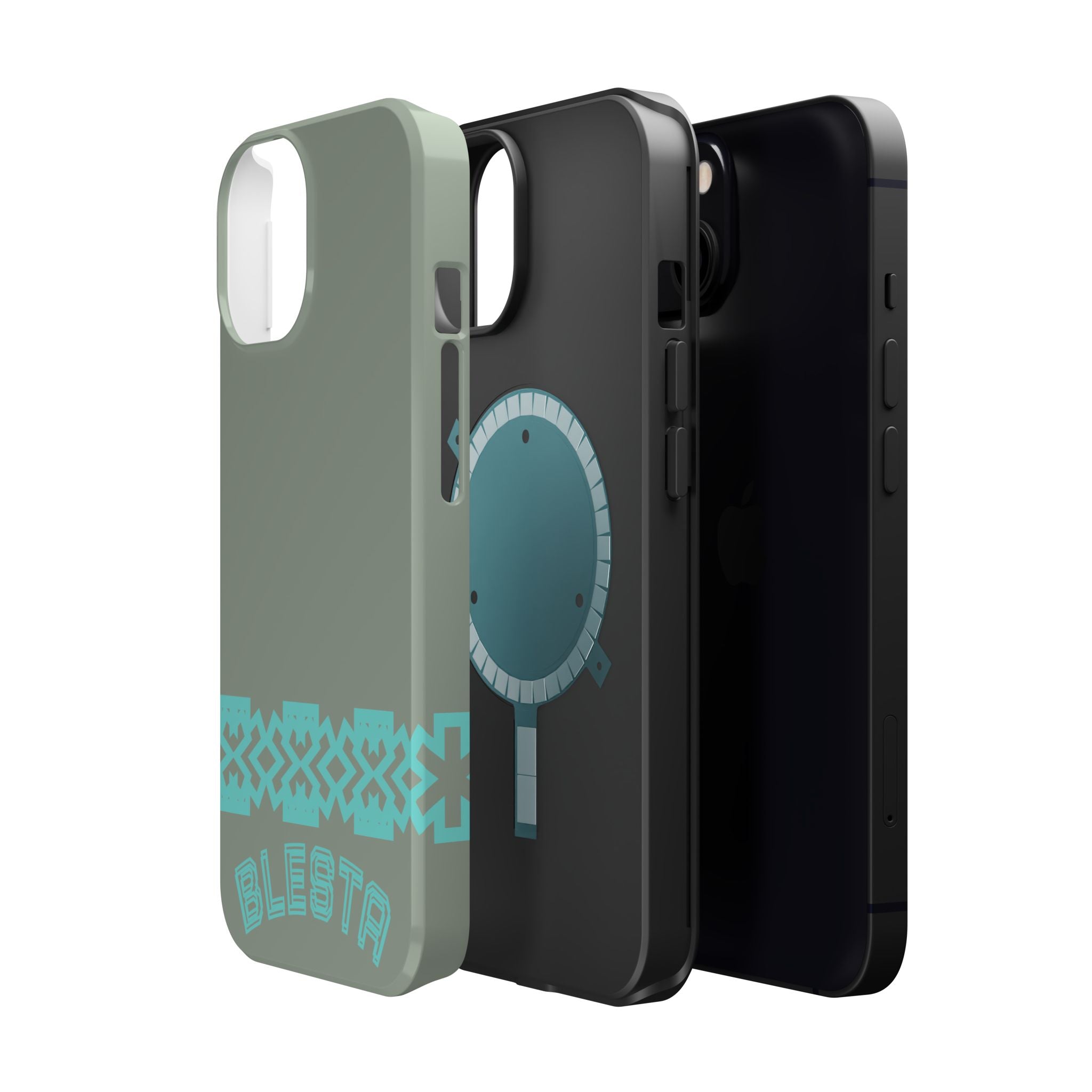 Magnetic Impact-Resistant Phone Case — Sage Green with Teal Geometric Stripe & “BLESTA” Text