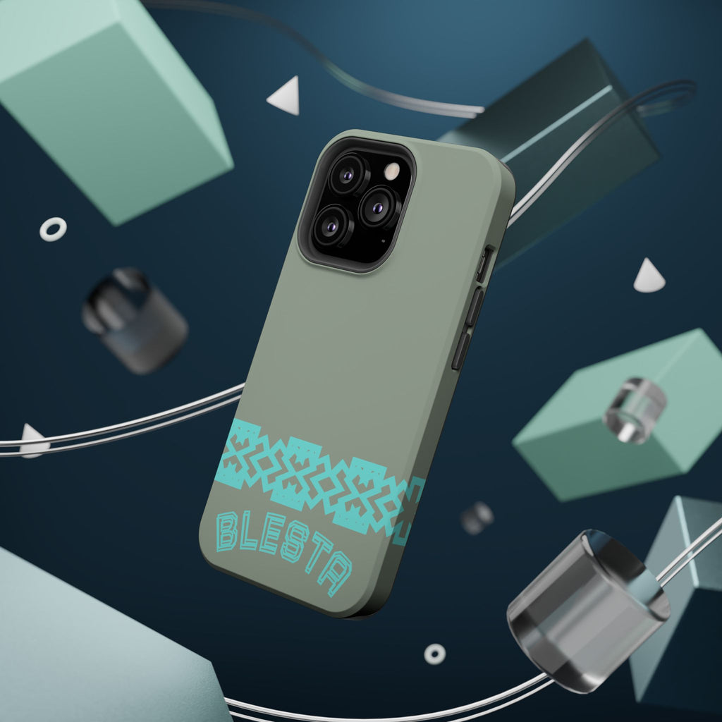 Magnetic Impact-Resistant Phone Case — Sage Green with Teal Geometric Stripe & “BLESTA” Text
