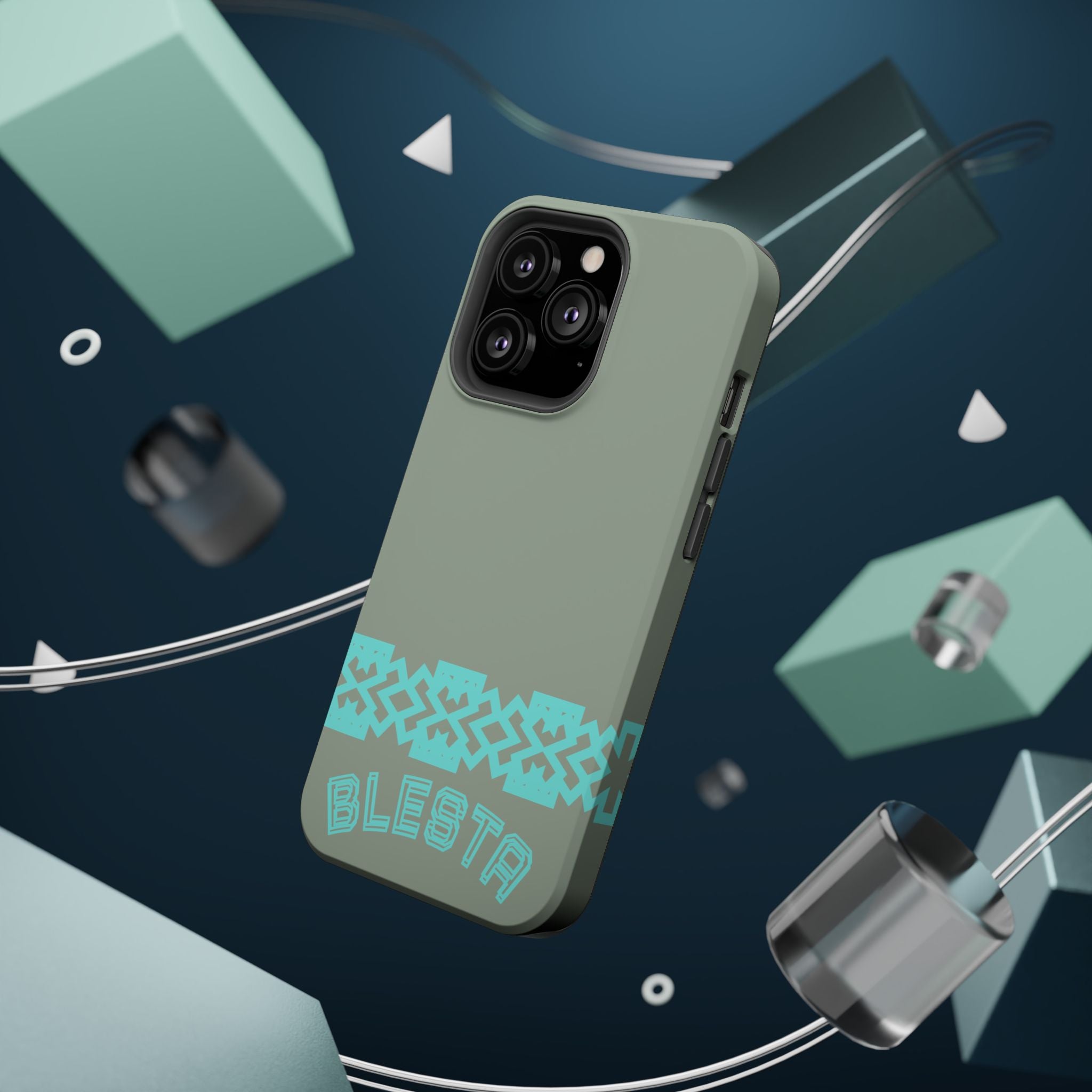 Magnetic Impact-Resistant Phone Case — Sage Green with Teal Geometric Stripe & “BLESTA” Text