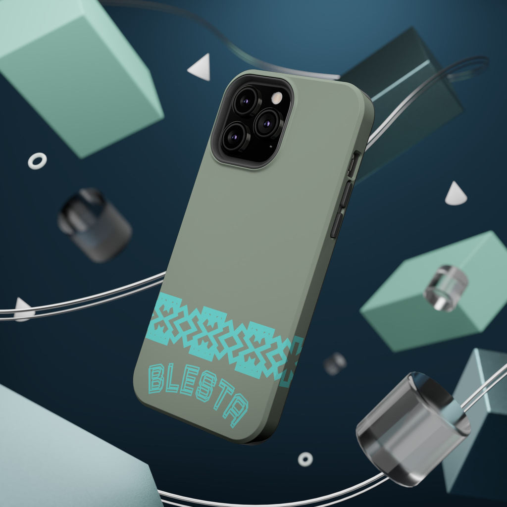 Magnetic Impact-Resistant Phone Case — Sage Green with Teal Geometric Stripe & “BLESTA” Text