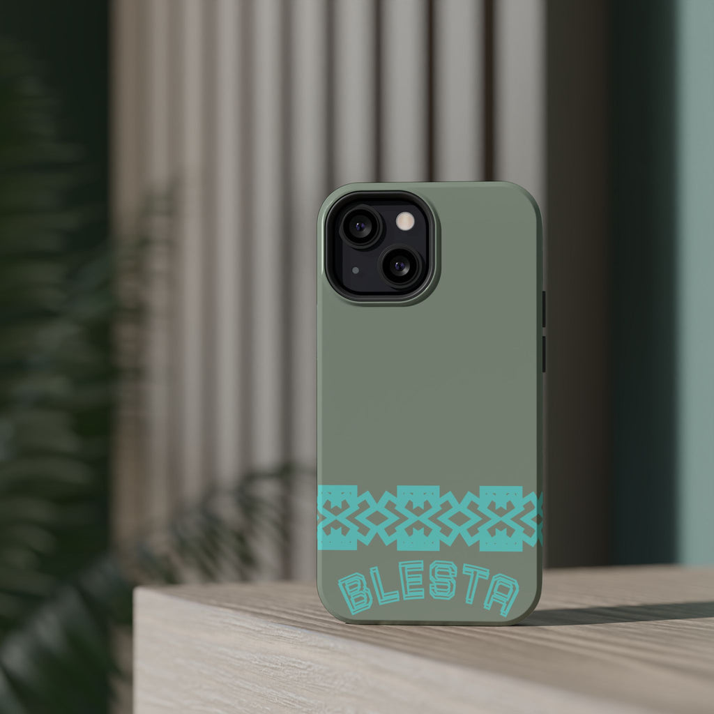 Magnetic Impact-Resistant Phone Case — Sage Green with Teal Geometric Stripe & “BLESTA” Text