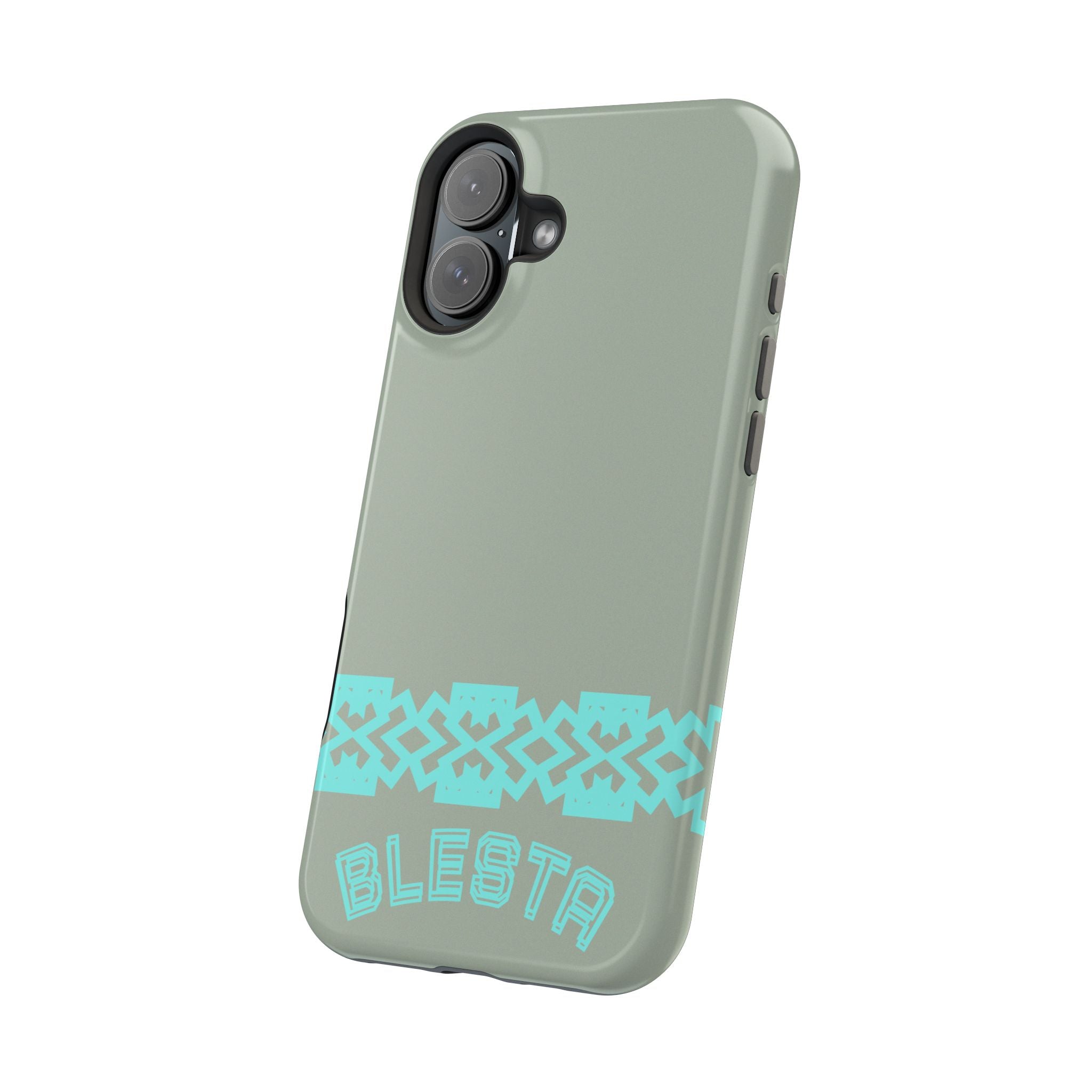 Magnetic Impact-Resistant Phone Case — Sage Green with Teal Geometric Stripe & “BLESTA” Text