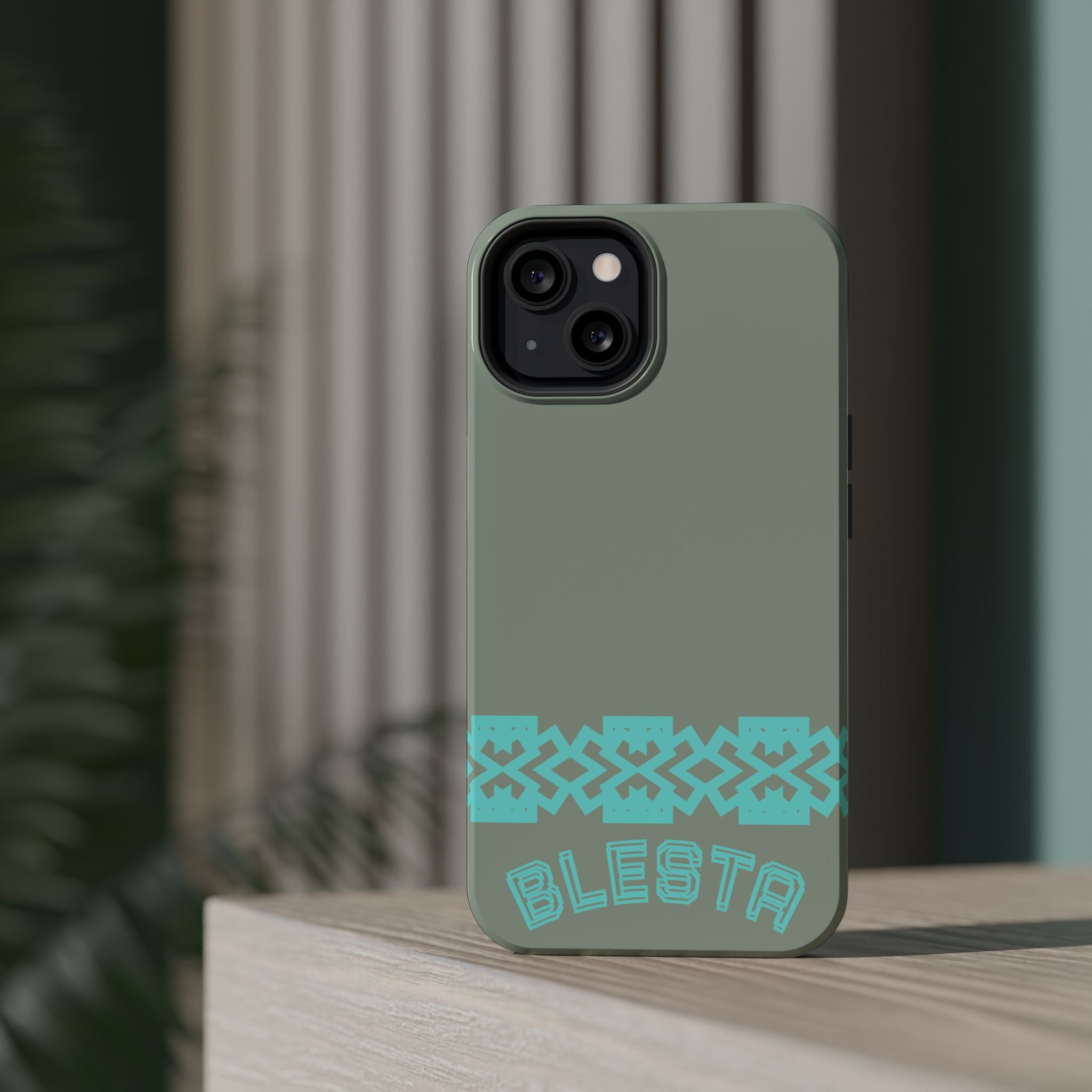Magnetic Impact-Resistant Phone Case — Sage Green with Teal Geometric Stripe & “BLESTA” Text