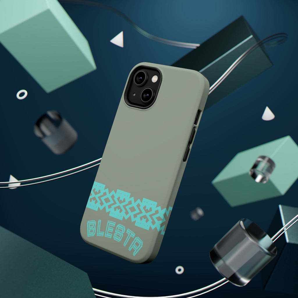 Magnetic Impact-Resistant Phone Case — Sage Green with Teal Geometric Stripe & “BLESTA” Text