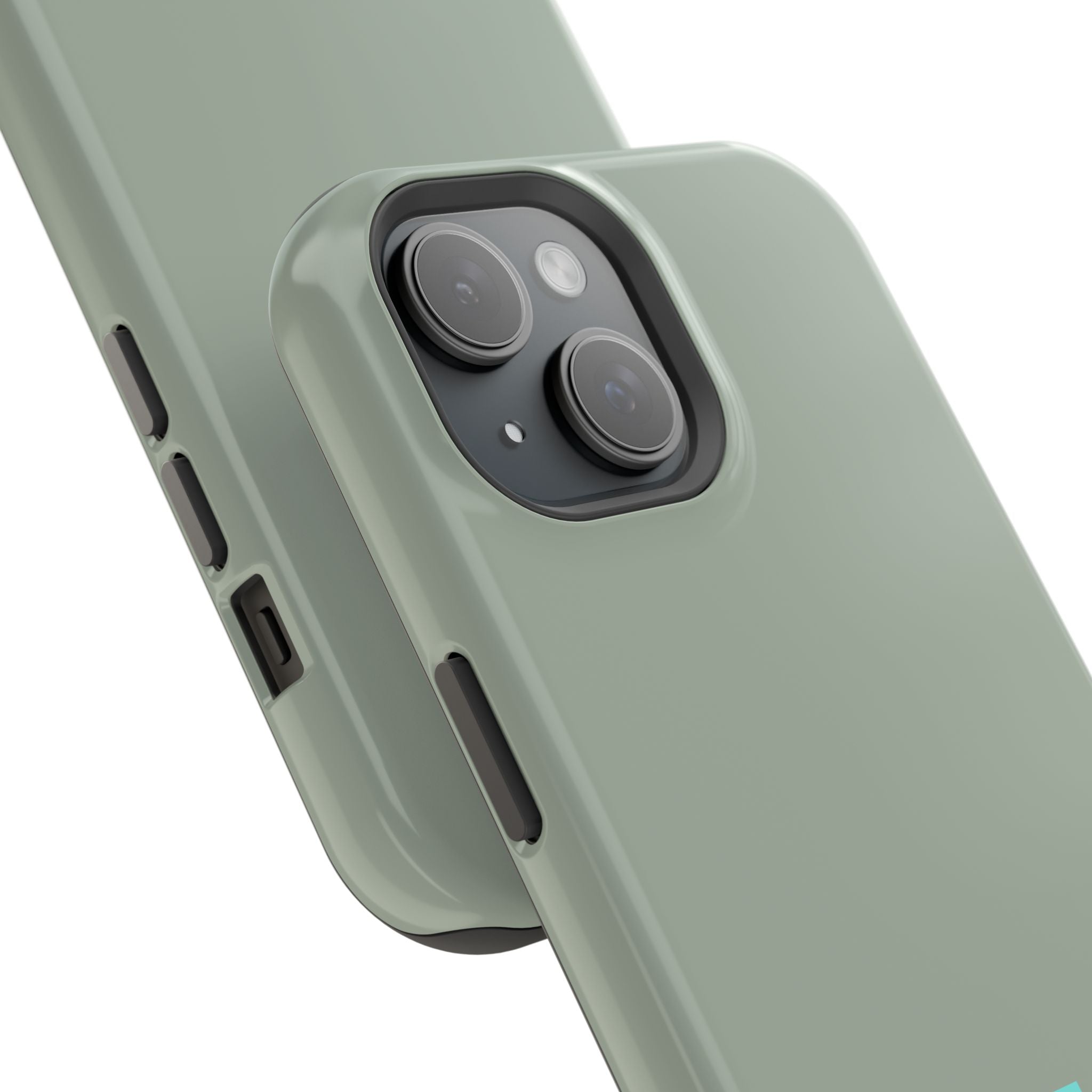 Magnetic Impact-Resistant Phone Case — Sage Green with Teal Geometric Stripe & “BLESTA” Text