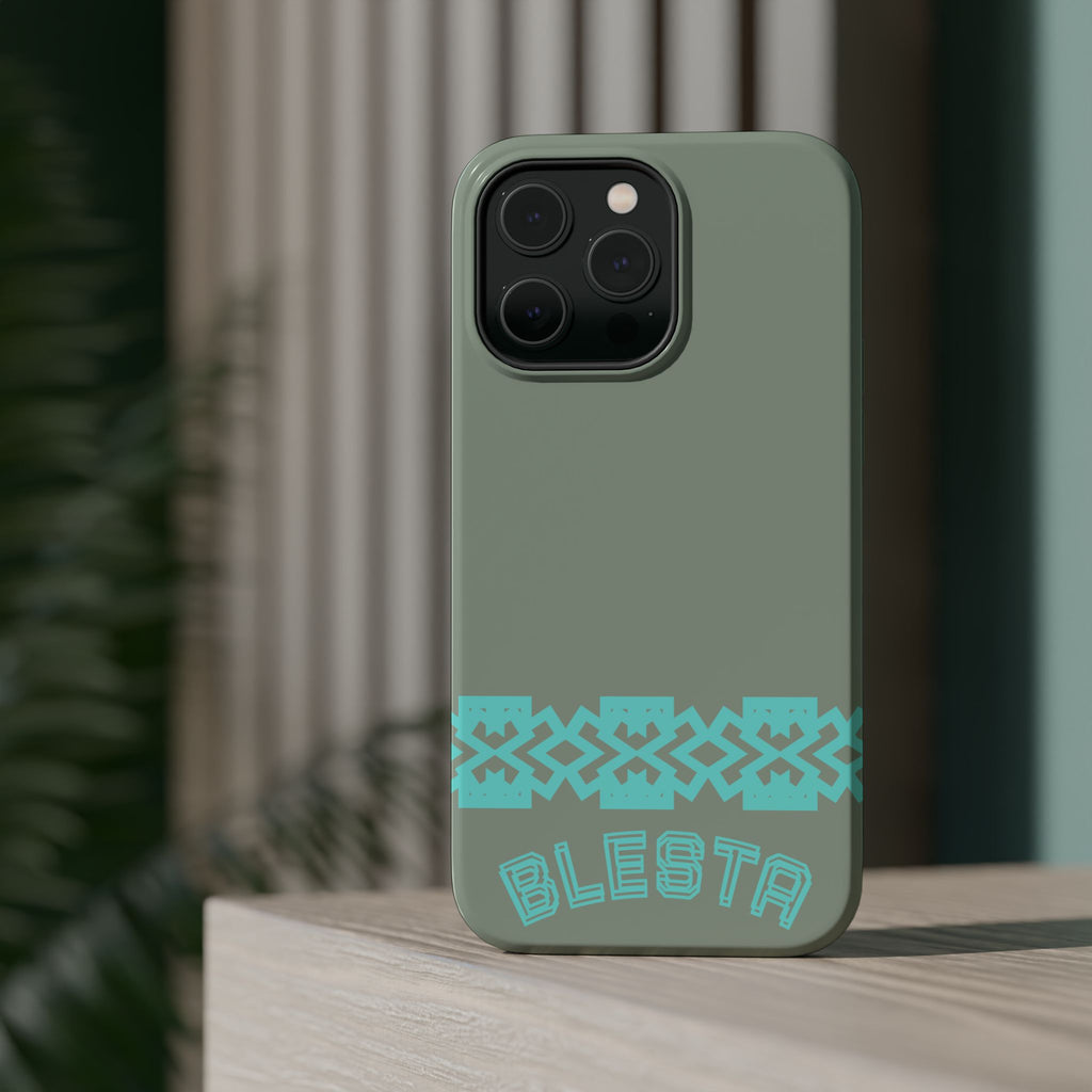 Magnetic Impact-Resistant Phone Case — Sage Green with Teal Geometric Stripe & “BLESTA” Text