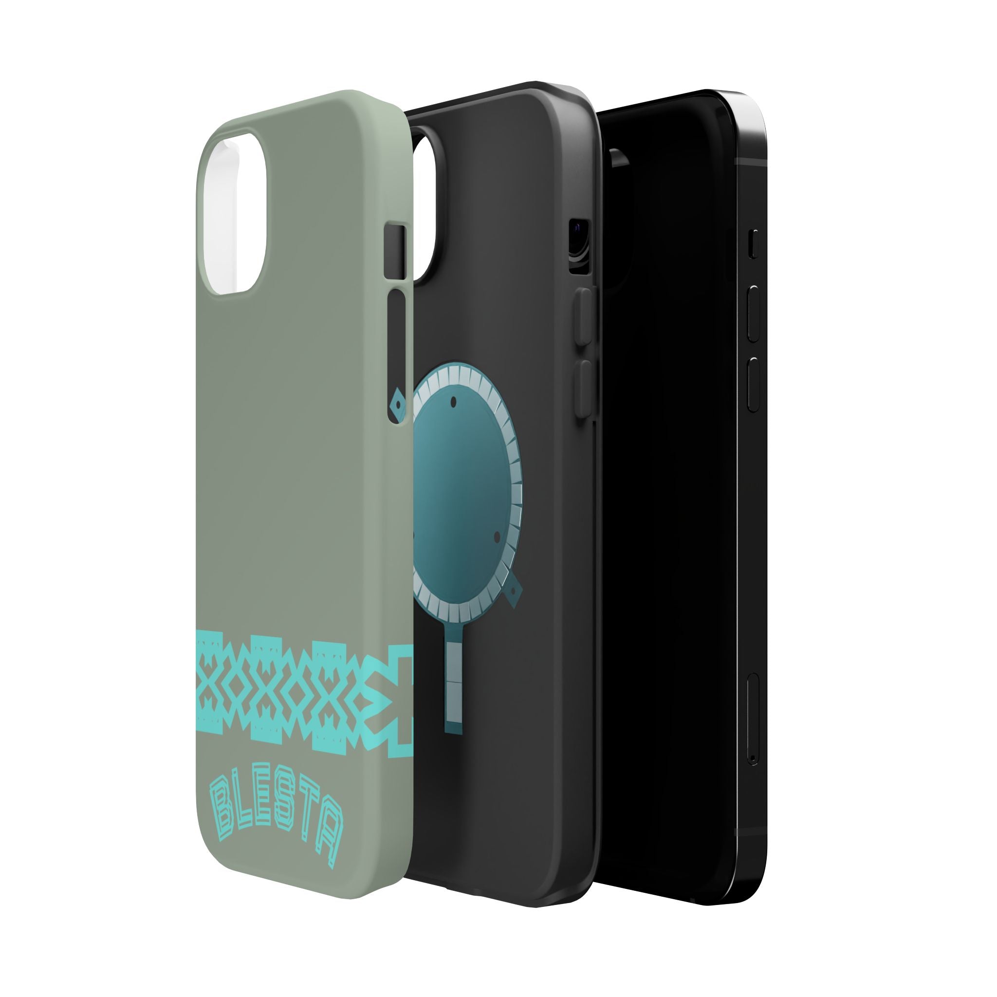 Magnetic Impact-Resistant Phone Case — Sage Green with Teal Geometric Stripe & “BLESTA” Text