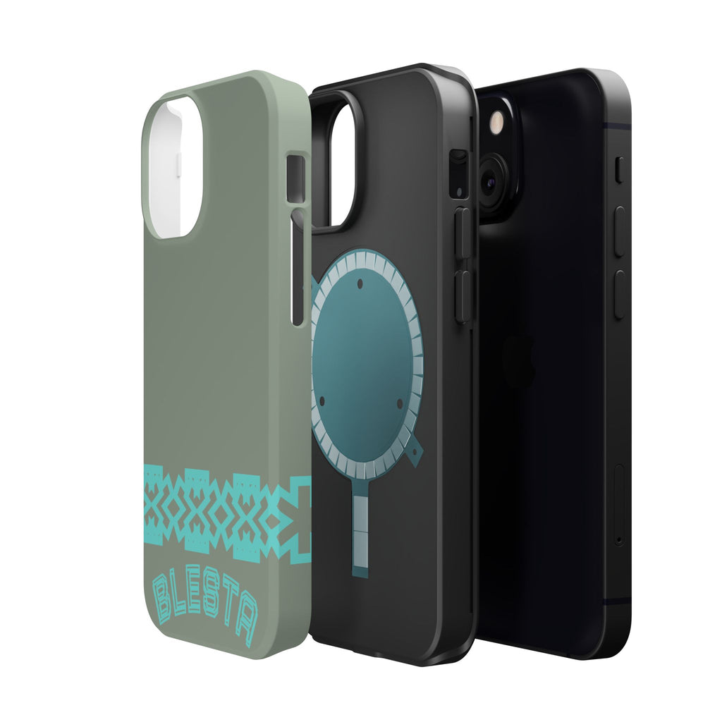 Magnetic Impact-Resistant Phone Case — Sage Green with Teal Geometric Stripe & “BLESTA” Text