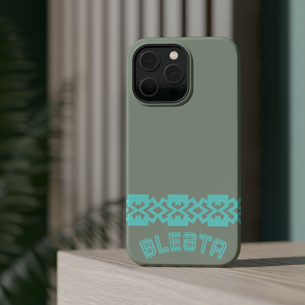 Magnetic Impact-Resistant Phone Case — Sage Green with Teal Geometric Stripe & “BLESTA” Text