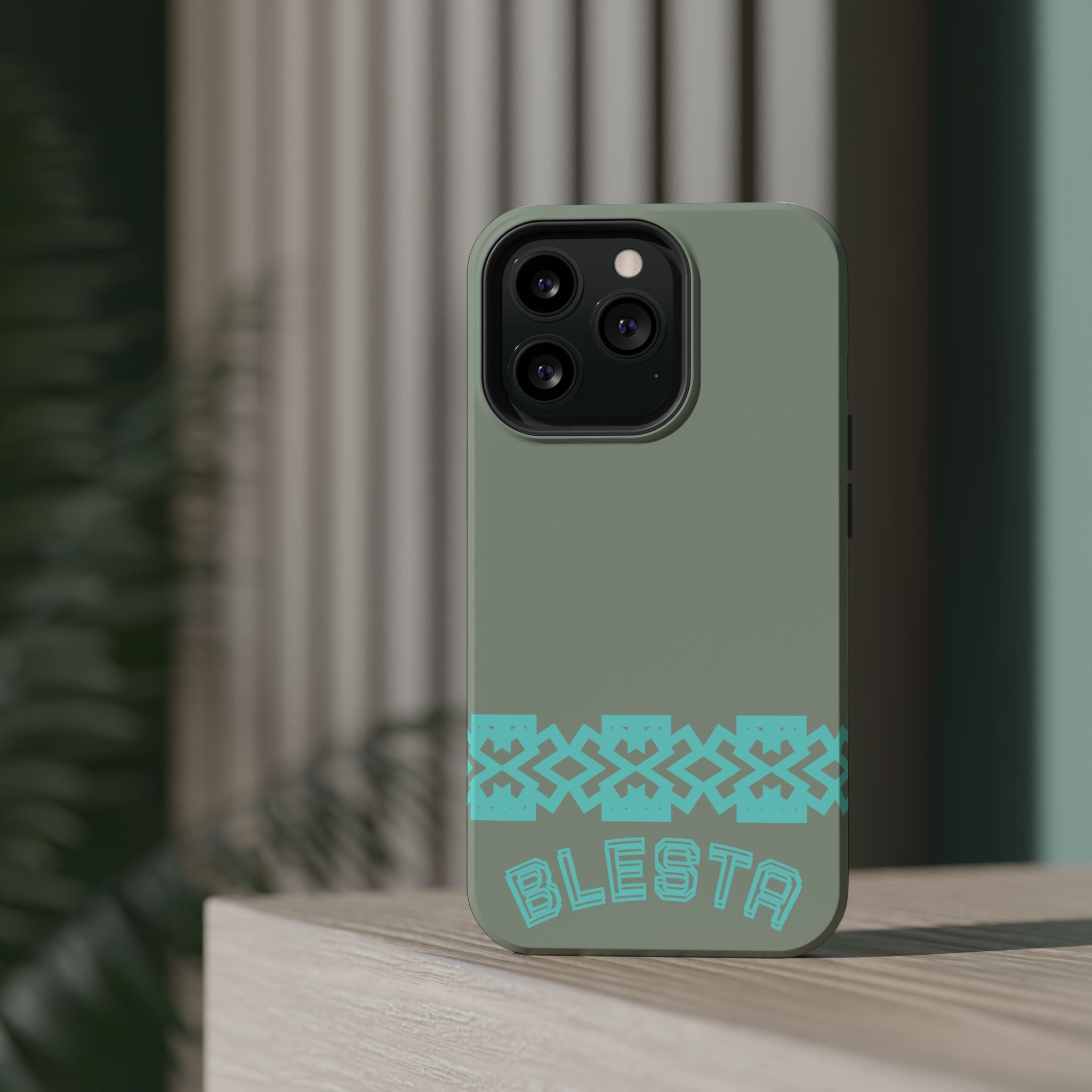 Magnetic Impact-Resistant Phone Case — Sage Green with Teal Geometric Stripe & “BLESTA” Text