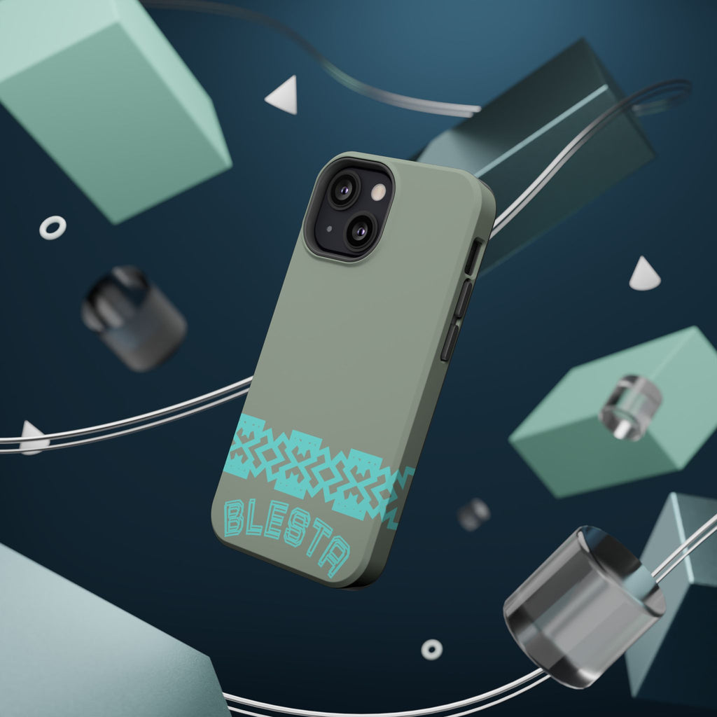 Magnetic Impact-Resistant Phone Case — Sage Green with Teal Geometric Stripe & “BLESTA” Text