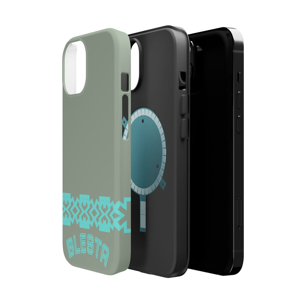 Magnetic Impact-Resistant Phone Case — Sage Green with Teal Geometric Stripe & “BLESTA” Text