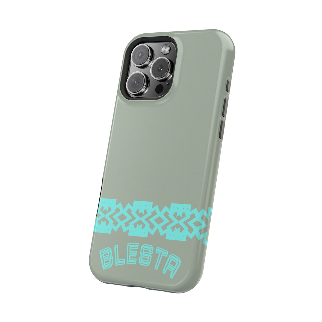 Magnetic Impact-Resistant Phone Case — Sage Green with Teal Geometric Stripe & “BLESTA” Text