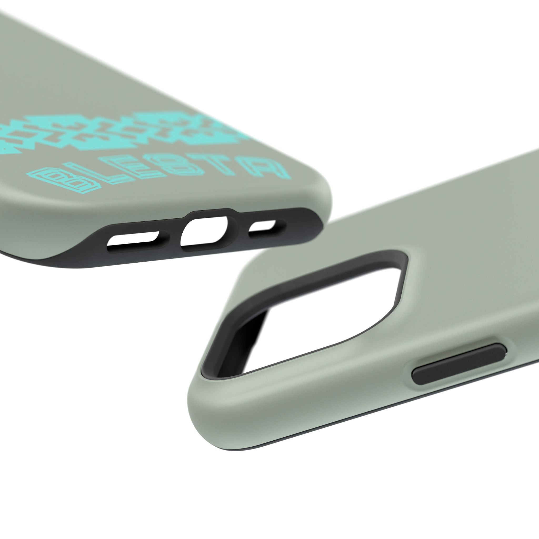 Magnetic Impact-Resistant Phone Case — Sage Green with Teal Geometric Stripe & “BLESTA” Text
