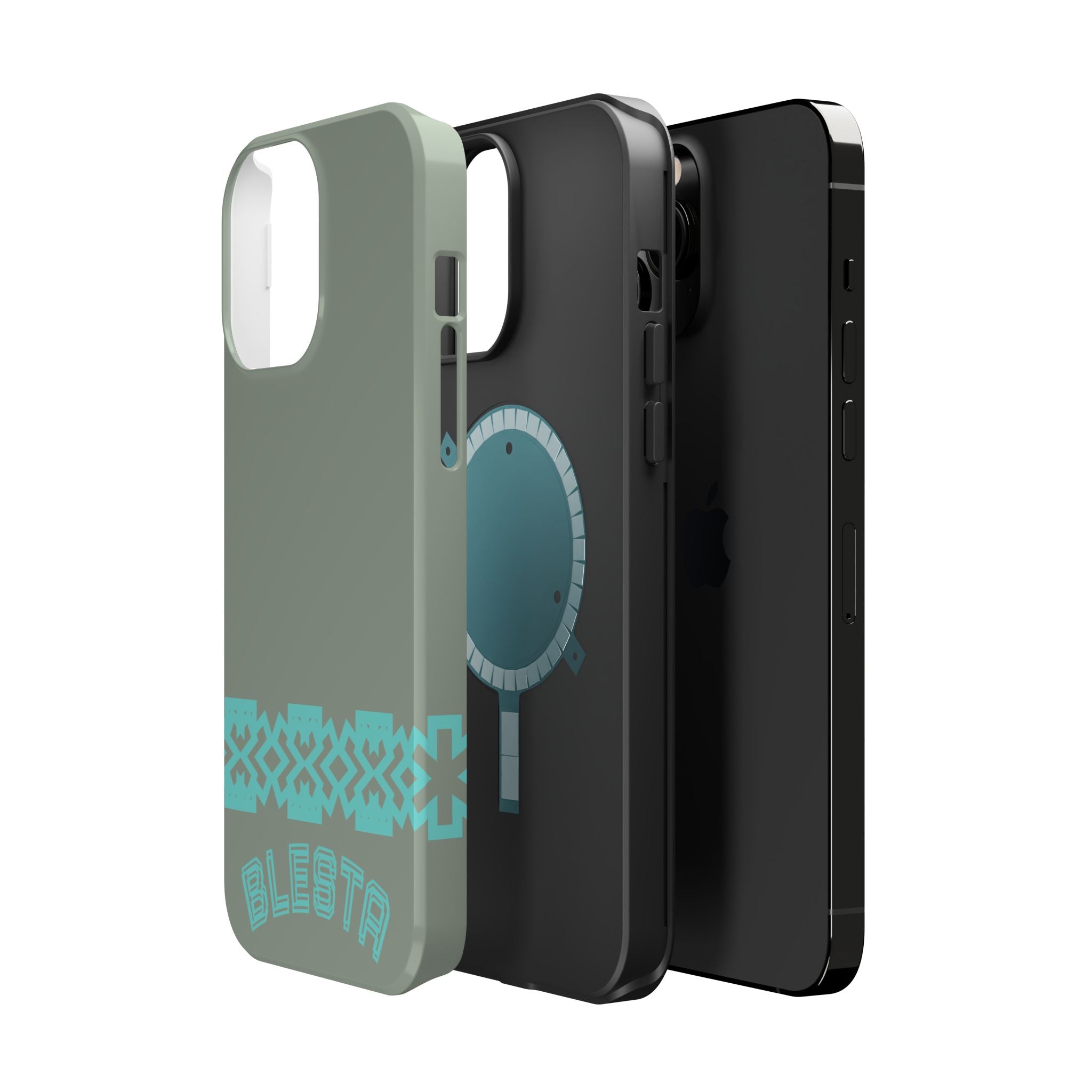 Magnetic Impact-Resistant Phone Case — Sage Green with Teal Geometric Stripe & “BLESTA” Text