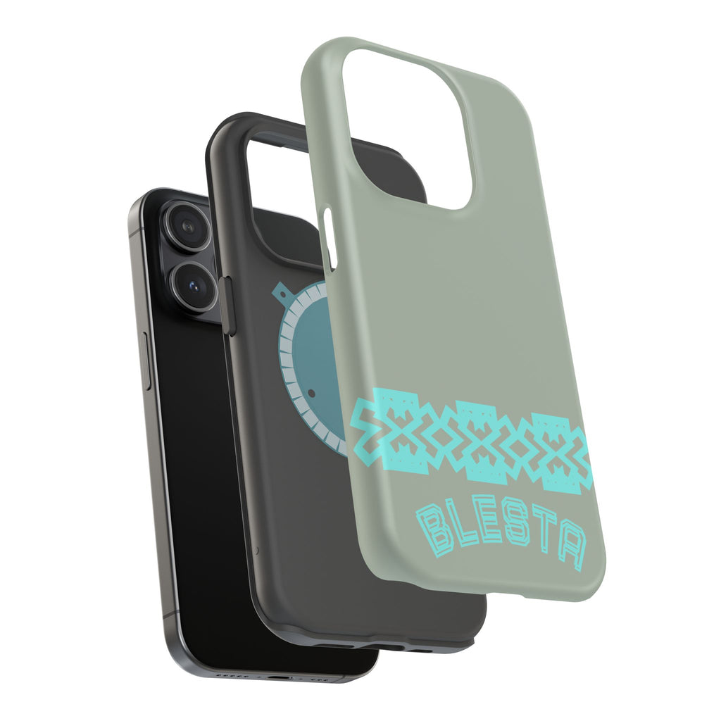 Magnetic Impact-Resistant Phone Case — Sage Green with Teal Geometric Stripe & “BLESTA” Text