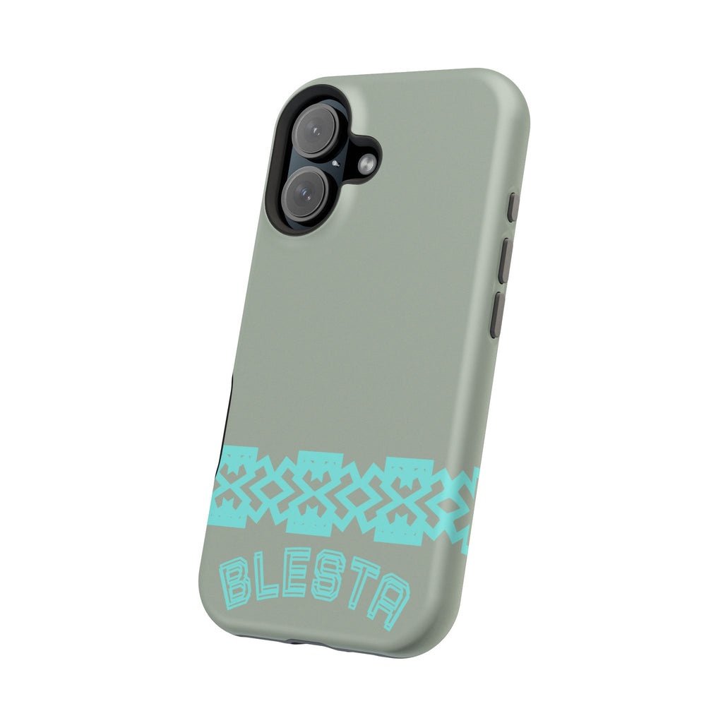 Magnetic Impact-Resistant Phone Case — Sage Green with Teal Geometric Stripe & “BLESTA” Text