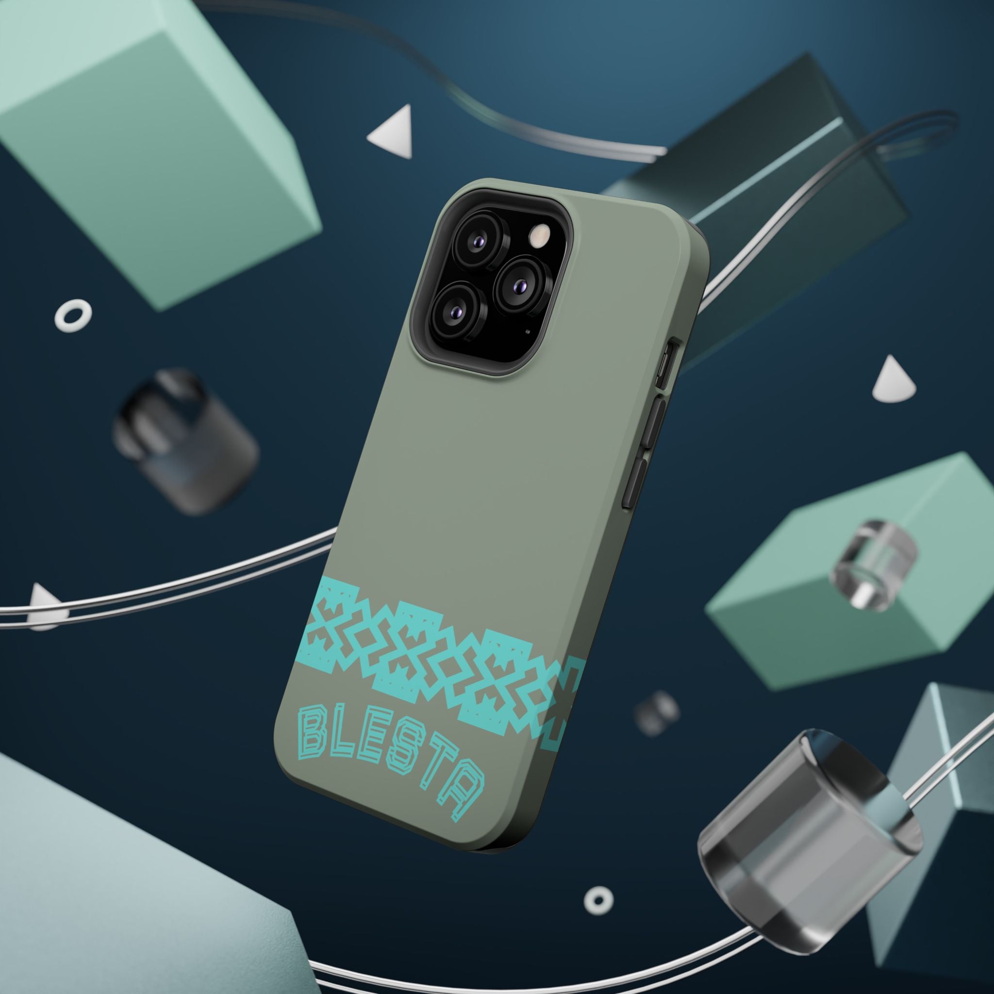 Magnetic Impact-Resistant Phone Case — Sage Green with Teal Geometric Stripe & “BLESTA” Text